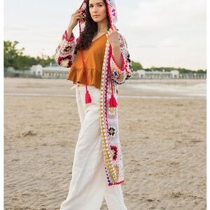 Colorful Crochet Hooded Long Cardigan Sweater Granny Square S M L Tassel Boho